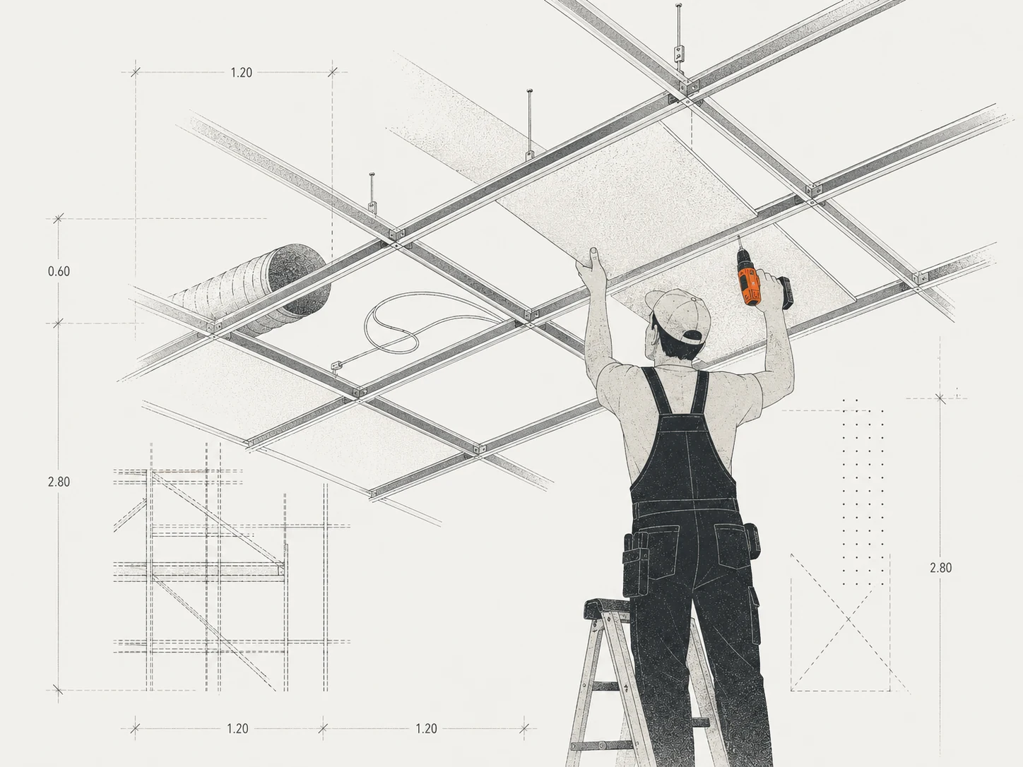 Illustration: Handwerker montiert von einer Leiter aus eine Deckenplatte in ein Metallprofil-Rastersystem