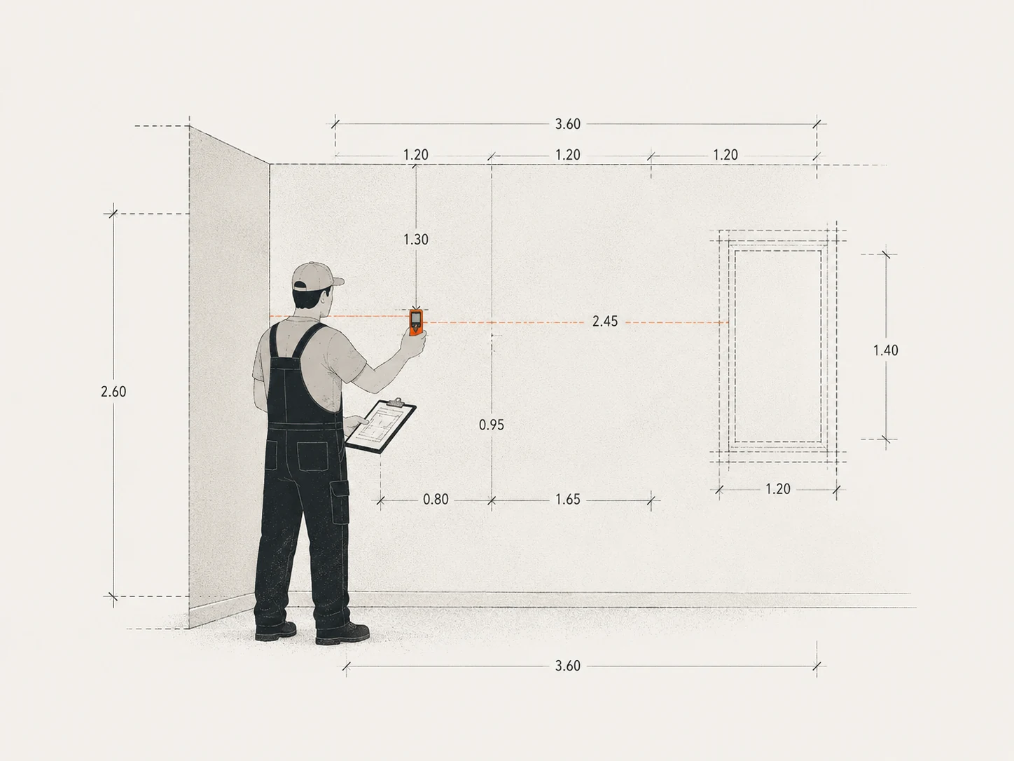 Illustration: Handwerker nimmt mit einem Laser-Entfernungsmesser Maß an einer Wand