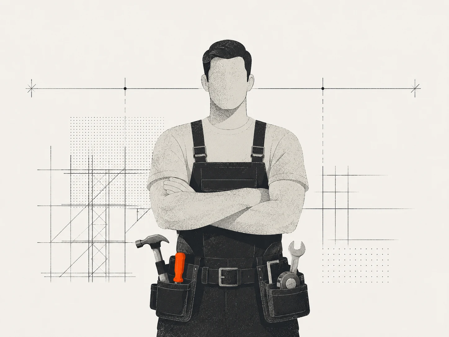 Illustration: Handwerker mit verschränkten Armen und Werkzeuggürtel vor technischem Linienwerk