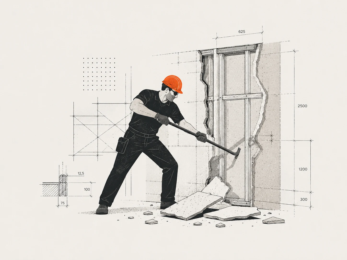 Illustration: Handwerker mit Brechstange vor einer Wand, Ständerwerk als technische Zeichnung sichtbar