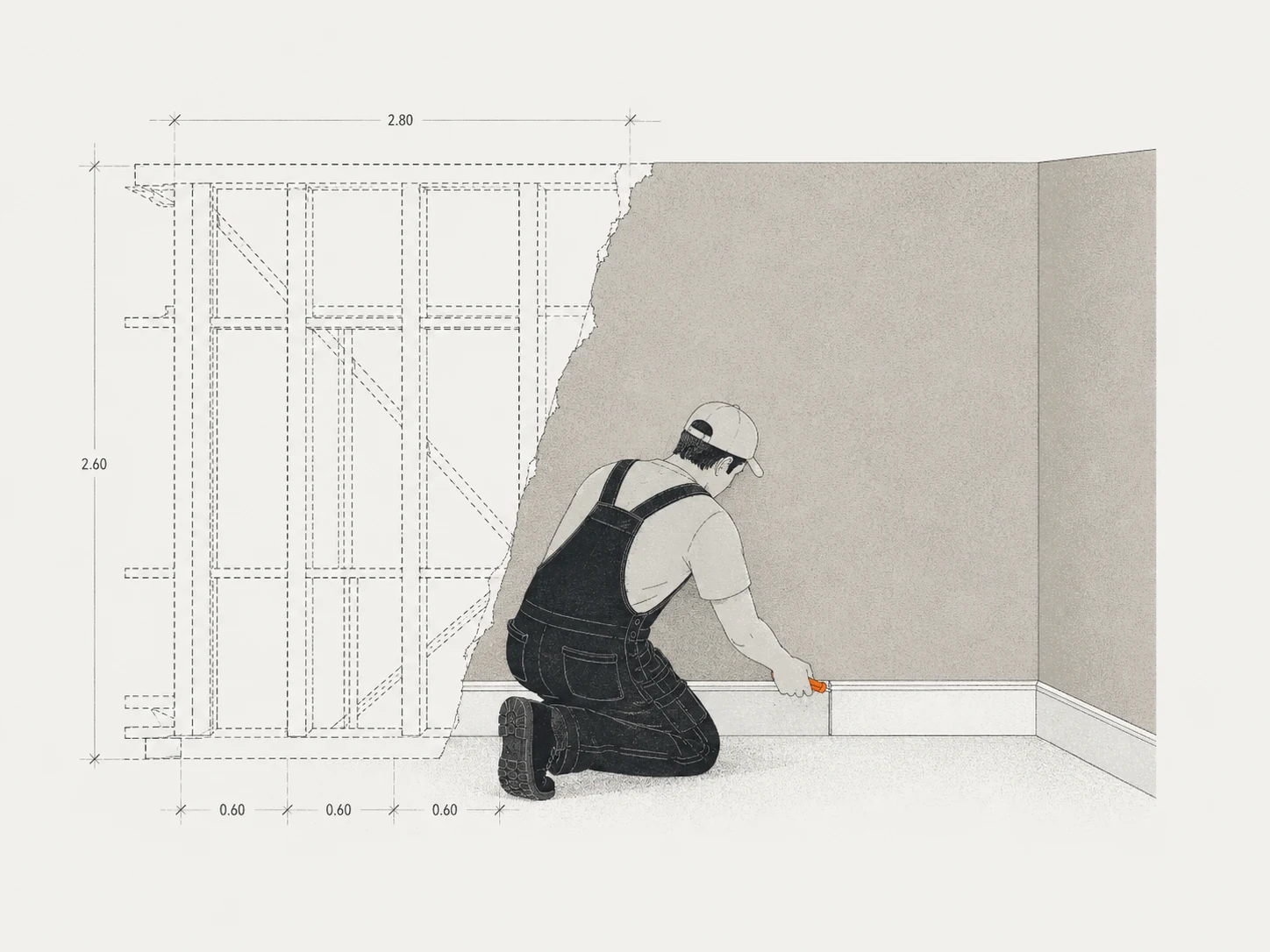 Illustration: Handwerker montiert eine Sockelleiste in einer Raumecke im Übergang von Rohbau zu fertiger Oberfläche