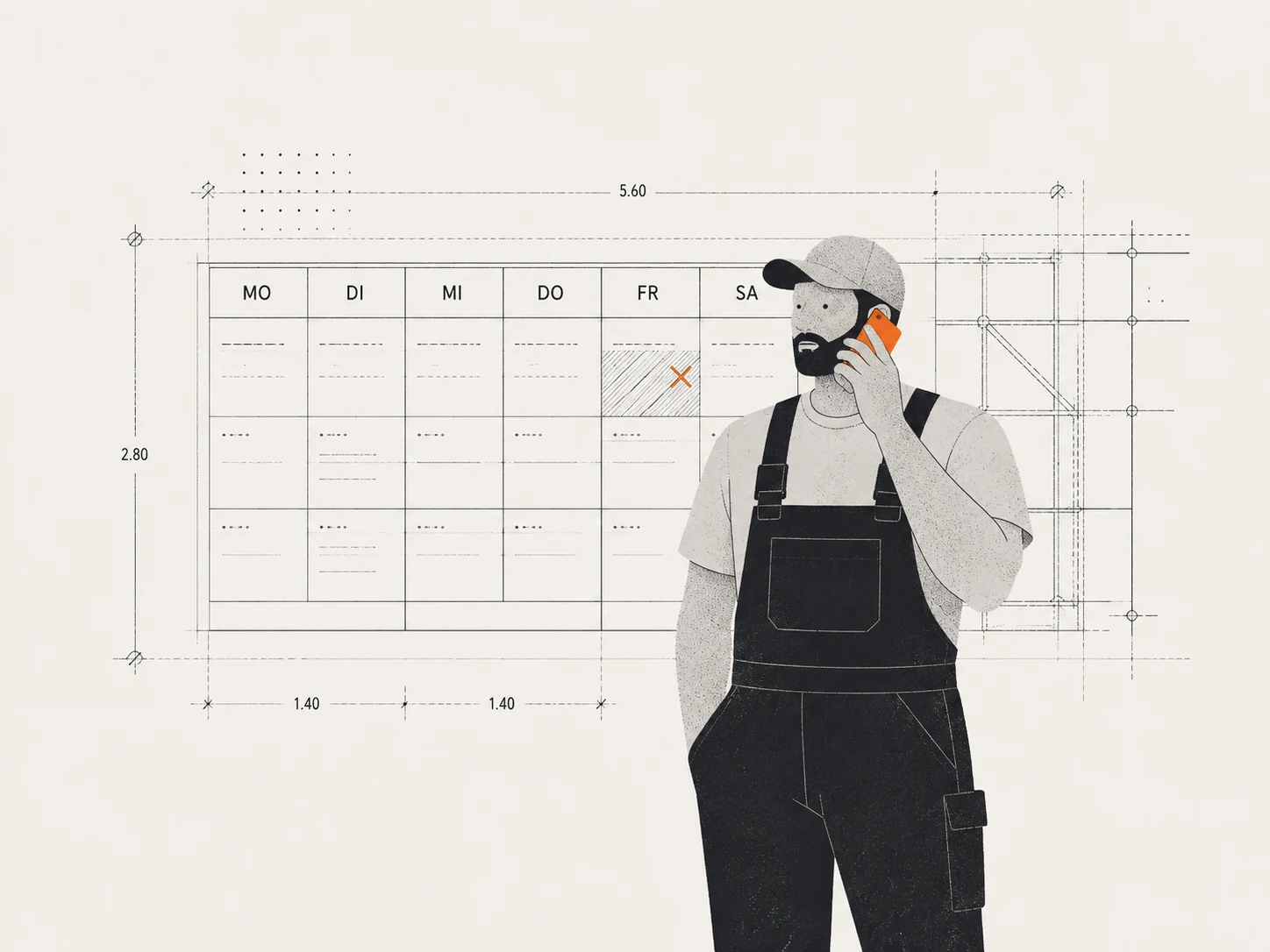 Illustration: Handwerker telefoniert vor einem technischen Wochenplan-Raster
