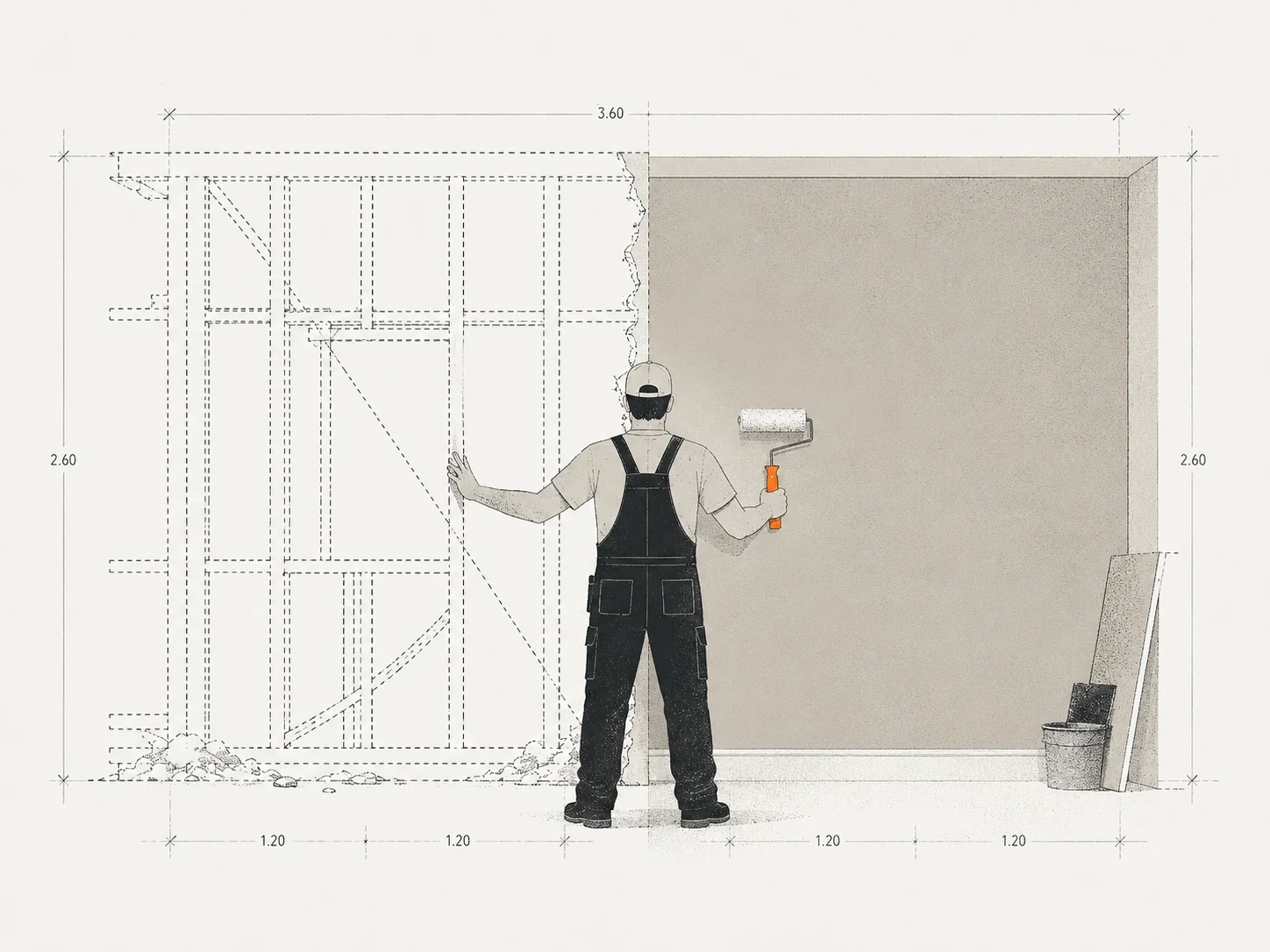 Illustration: Handwerker im Übergang zwischen Rückbau-Bauplan und fertig gestrichener Wand