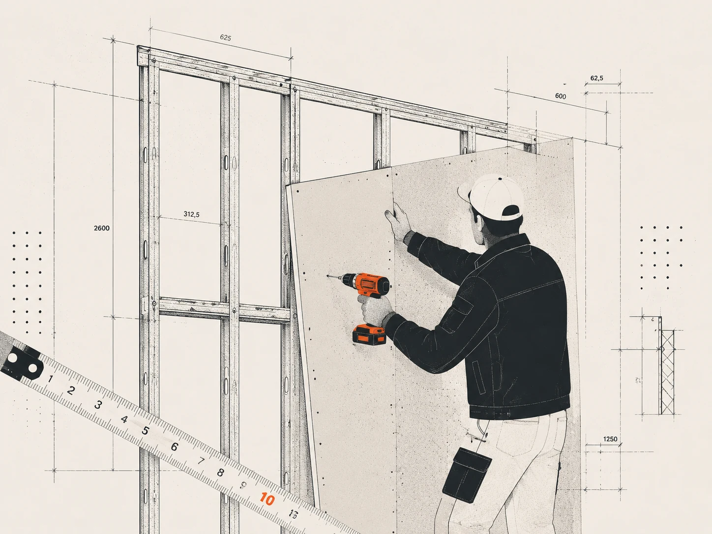 Illustration: Handwerker montiert eine Gipskartonplatte an ein Ständerwerk mit Maßlinien
